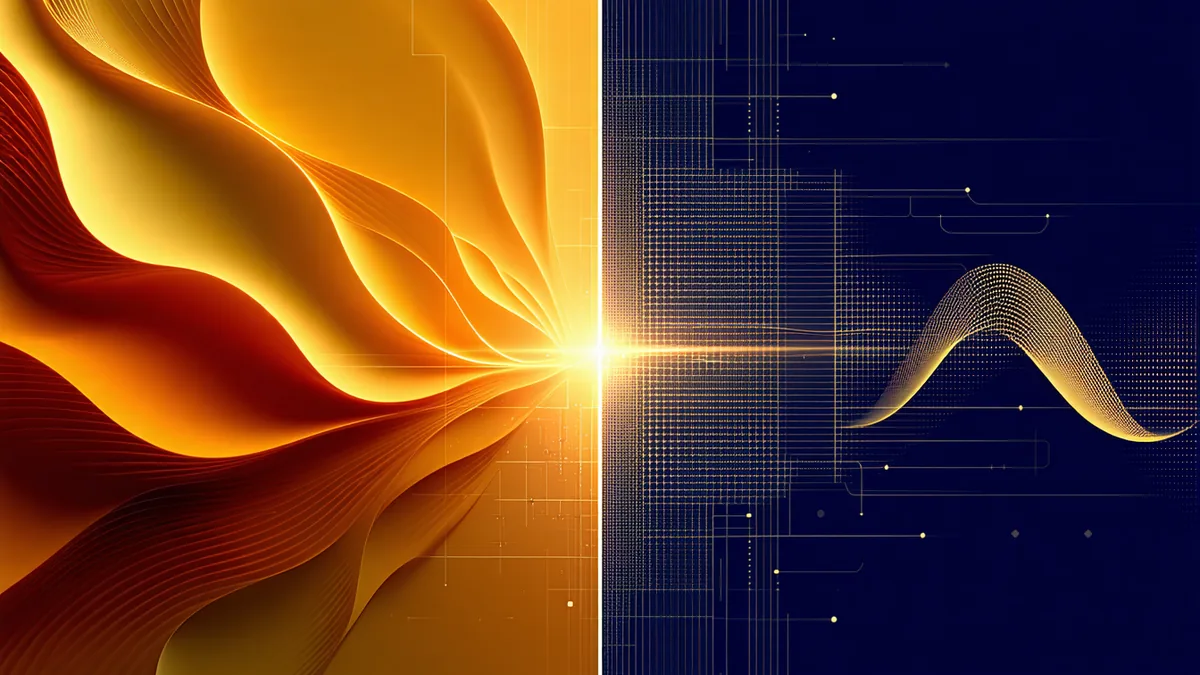 Abstract human and machine complement — organic and geometric forms coexisting