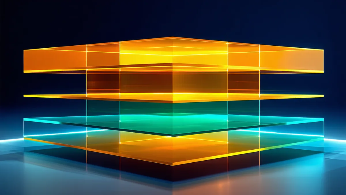 Abstract modular tech stack visualization with layered glowing panels